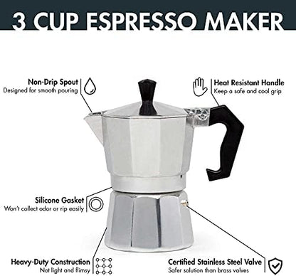 Primula Classic Stovetop Espresso and Coffee Maker, Moka Pot for Italian and Cuban Café Brewing, Greca Coffee Maker, Cafeteras, 3 Espresso Cups, Silver