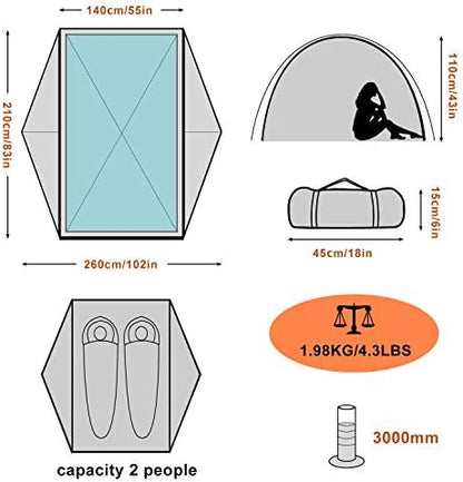 BISINNA 2 Person Camping Lightweight 4.3lbs 20DNylon Backpacking Tent