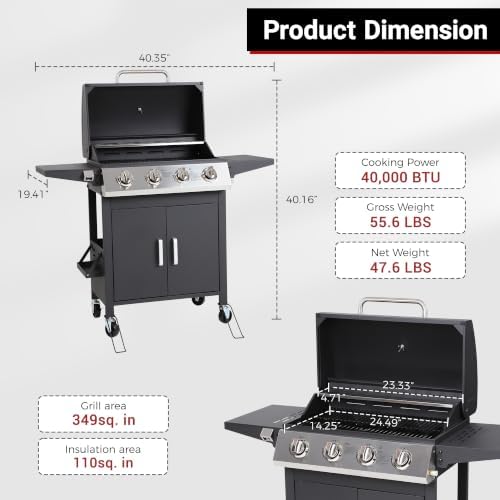 HUGROVE 40,000 BTU Propane Gas Grill, 4 Burner Outdoor BBQ Grill