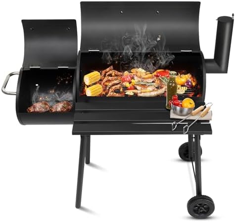 43.7" Portable Barrel Charcoal Grill,Metal Outdoor Barbecue Smoker,Heavy Duty Outdoor BBQ Grill,Vertical Camping Barbecue Grill,with Side Table & Wheels,for Garden Patio Beach Backyard (Black)