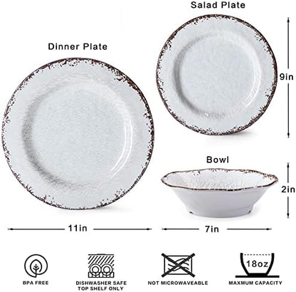 LEHAHA Rustic Melamine Dinnerware Set, 12 Piece Plate and Bowls Set for 4