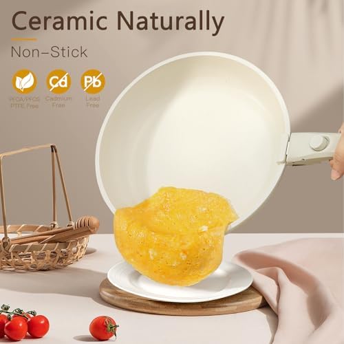 GIPP Pots and Pans Set Non Stick,Kitchen Cookware Set Detachable Handle, Non Toxic Cooking Pan Set with Frying Pans Set,RV Cookware Sets for All Stoves, Cream White, 21PCS