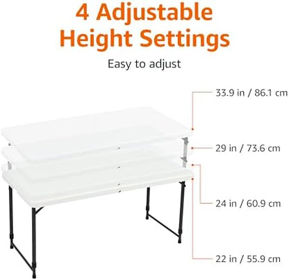 Amazon Basics Portable 4 Foot Rectangular Folding Dining Table, 4 Adjustable Height Settings, Carrying Handle, Indoor & Outdoor, Sturdy for Events, White, 47.8 x 23.9 x 33.9 in
