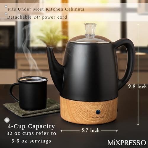 Mixpresso 4 Cup Black Small Electric Percolator Coffee Pot, Stainless Steel