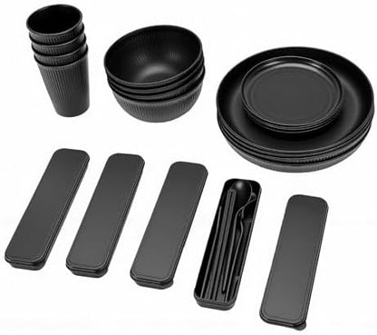 GOTOTOP Dinnerware Set Service for 4, Reusable Plates Set with Bowls Cups and Cutlery, PP Microwave Safe Dishwasher Safe Tableware for Travel Camping Picnics Family Meals