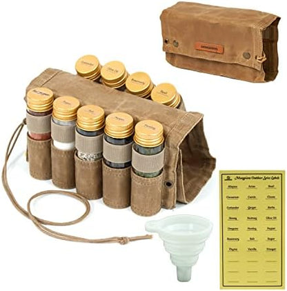 Camping Spice Kit, 9 Jars with Labels & Funnel (CAMEL BROWN)