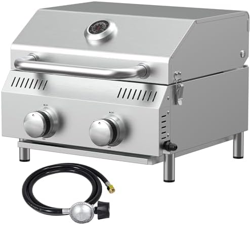 Bestfire Tabletop 2-Burner Gas Grill, 20,000 BTU Stainless Steel Portable Propane Grill, Removable Legs, Push-Button Ignition, Thermometer, for Outdoor Patio, Camping, Tailgating & RV