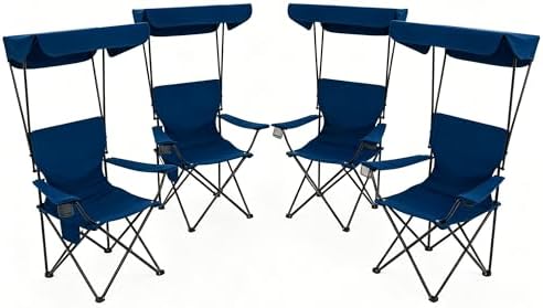 Portable Camping Chair 4 Pack with Foldable Canopy, Folding Outdoor Chair with Cup Holder & Side Pocket for Camping, Hiking, Picnic, Beach (Navy Blue)