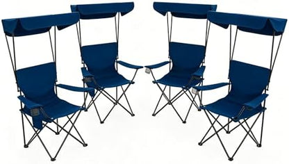 Portable Camping Chair 4 Pack with Foldable Canopy, Folding Outdoor Chair with Cup Holder & Side Pocket for Camping, Hiking, Picnic, Beach (Navy Blue)