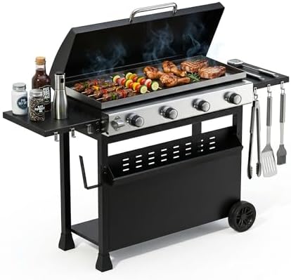 4-Burner Propane Gas Griddle – 32,000 BTU Convertible Flat Top Grill with Hood & Removable Cart – Portable for Camping, Tailgating, Backyard