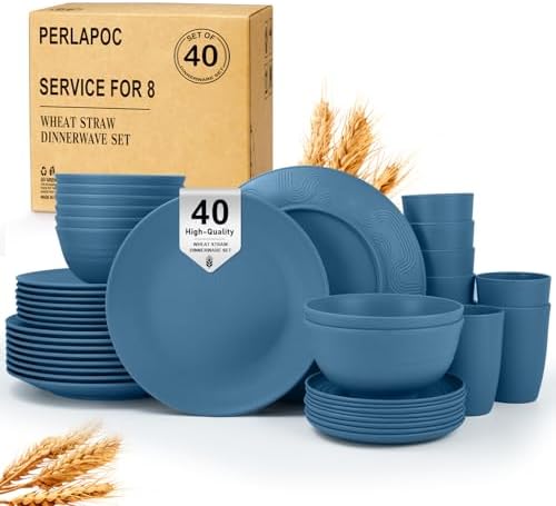 40-Piece Wheat Straw Dinnerware Sets,Unbreakable Dishes Set for 8 - Drinking Cups, Plates and Bowls Sets, Reusable Microwave Safe Dinnerware Set for Home, Outdooor, RVs - Blue