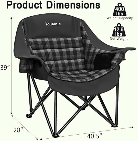 Youtanic Oversized Large Padded Camping Chair, 400 lbs Foldable Lawn Chair