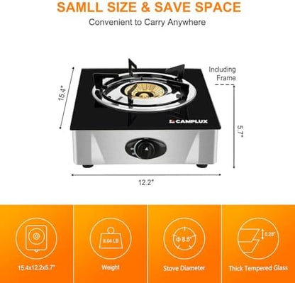 Camplux Propane Stove with Auto Ignition, Single Burner Propane Stoves 9,500 BTU, Tempered Glass Gas Cooktop