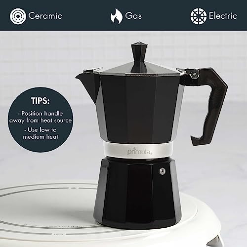 Primula Classic Moka Pot Stovetop Espresso and Coffee Maker, Italian and Cuban Cafetera for Rich Espresso Brewing, Durable Aluminum Greca Coffee Maker with Easy Grip Handle, 6-Cup, Black