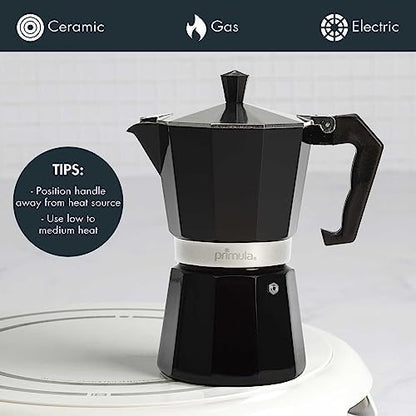 Primula Classic Moka Pot Stovetop Espresso and Coffee Maker, Italian and Cuban Cafetera for Rich Espresso Brewing, Durable Aluminum Greca Coffee Maker with Easy Grip Handle, 6-Cup, Black