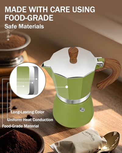 Coffee Maker Stovetop Espresso Maker 6 Cup Aluminum Moka Pot Percolator 10oz 300ml Easy Brewing for Electric Ceramic Stoves Home Camping Italian Cuban Café Classic Green