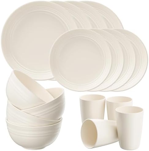 Quatish 16 Piece Plates and Bowl Set for 4, Dinnerware Dish Set for Kitchen