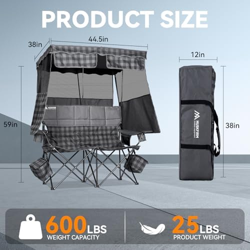 Padded Double Camping Chair With Canopy,Folding Chair Support 450LBS, Grey