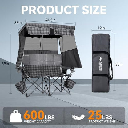 Padded Double Camping Chair With Canopy,Folding Chair Support 450LBS, Grey
