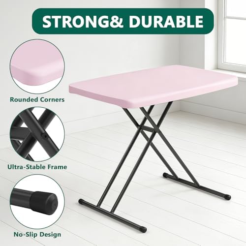 Folding Table- Small Desk Adjustable Height TV Tray for Laptop, Couch, Camping - Heavy Duty Utility Foldable Table for Small Spaces, No Assembly Required, Granite (Pink, 30in-2pack)