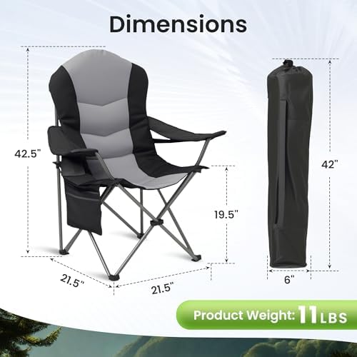 2 Pack Folding Camping Chairs for Adults - High Back Padded Outdoor Lawn Chairs with Lumbar Support & Cup Holder, 400lbs Heavy Duty Portable Camping Chairs Set (Black & Gray, 2 PCS)