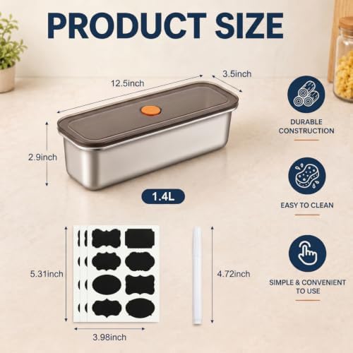 3pcs Stainless Steel Pasta Storage Containers Set with Labels and Marker, Stainless Steel Spaghetti Canisters for Pasta organizer,. Upgraded Airtight Food Containers 1.4L