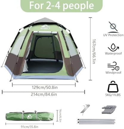 Hewolf 2/3/4 Person Camping Tent - Instant Pop Up Waterproof 2 Doors Tent with Easy Setup | 3-Season Hexagonal Dome Design for Family, Hiking & Traveling