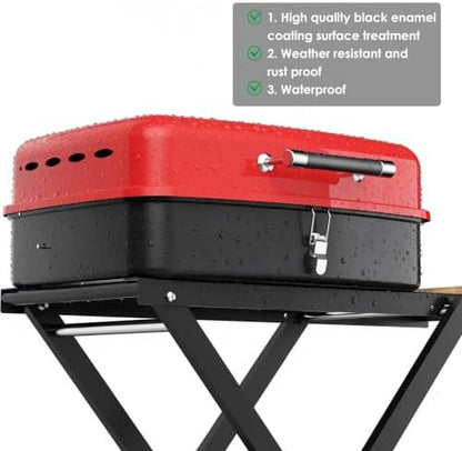 TEENO Charcoal Grill with Wheels | Folding BBQ Grill with Wooden Side Table & Bottom Storage Shelf | 2-in-1 Detachable Tabletop Smoker for Camping Picnic Patio Backyard | Portable Suitcase