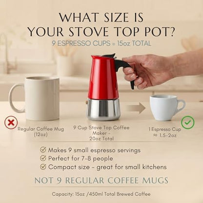 Mixpresso 9 Cup Greca Moka Pot Red Stainless Steel Stovetop Espresso Maker