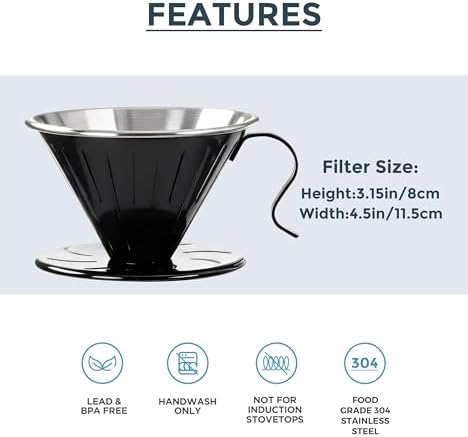 AGOGO Stainless Steel V60 Coffee Dripper & 50 Paper Filters, Black