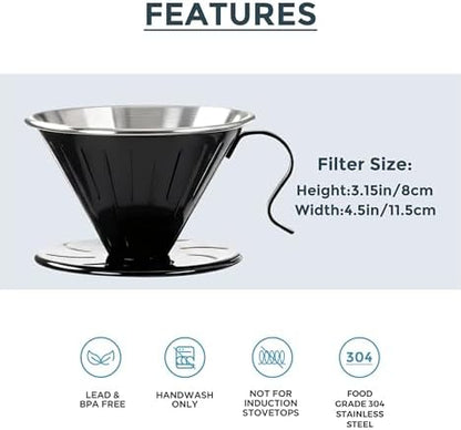 AGOGO Stainless Steel V60 Coffee Dripper & 50 Paper Filters, Black