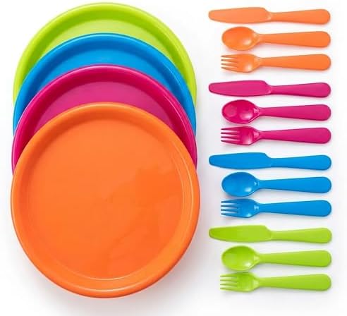 Basicwise 16 Piece Reusable Plastic Dinnerware Set for 4 – Microwavable & Dishwasher Safe Assorted Color Plates, and Cutlery for Party, Picnic, Camping, Outdoor Gathering & Everyday Dining