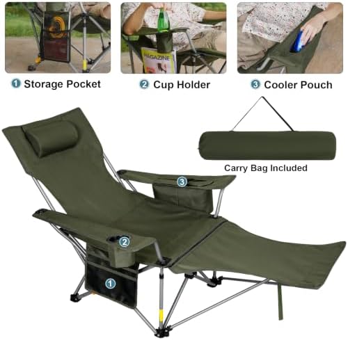 Romswi 2Pack 4-Position Reclining Camping Chair with Removable Footrest, 2-in-1 Adjustable Portable Lounge Chair with Cooler Bag, Cup Holder, Side Pockets & Carry Bag for Outdoor, Olive Green