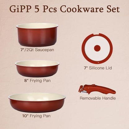 GiPP 5PCS Pots and Pans Set Non Stick, Nonstick Cookware Set Detachable Handle, Ceramic Pots for Cooking Non Stick with Removable Handle, RV Cookware Set for All Stoves, Red Black Gradien