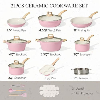 CAROTE 21pcs Ceramic Cookware Set, Pots and Pans Set, Pink