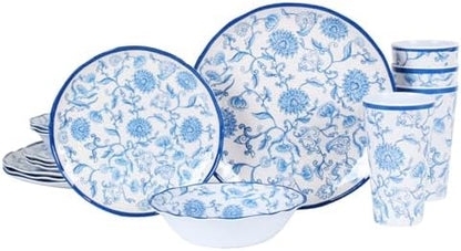 Melamine Dinnerware Set for 4-16 Pcs:Camping Dishes Set with Dinner Plates,Salad Plates,Cups and Bowls.Lightweight and Unbreakable.Indoor and Outdoor Use.