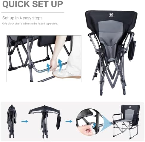 EVER ADVANCED Camping Directors' Chair with Side Table, Portable Folding with Compact Size, Heavy Duty Lawn Chair with Pocket for Camping, Lawn, Sports and Fishing, 400lbs, Black 2 Pack