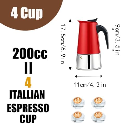 4 Cup Stovetop Espresso Maker Stainless Steel Moka Pot Stove Top Percolator Italian Coffee Makers Capable Mocha Greca Machine Cafe Classic Induction Cookers for Home and Camping 200ml 6.6oz