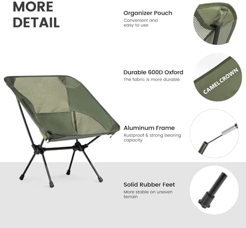 CAMEL CROWN Portable Camping Chair Lightweight Compact Folding Chair Mesh for Outdoor Camp Travel Beach Picnic Festival Hiking Backpacking Army Green 2 Pack