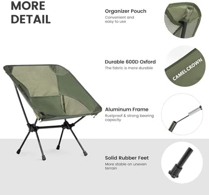 CAMEL CROWN Portable Camping Chair Lightweight Compact Folding Chair Mesh for Outdoor Camp Travel Beach Picnic Festival Hiking Backpacking Army Green