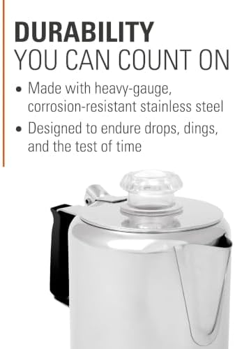 GSI Outdoors Percolator Coffee Pot I Glacier Stainless Steel with Silicone Handle for Camping, Backpacking, Travel, RV & Hunting - Stove Safe