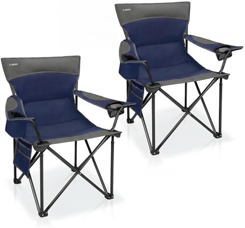 Oversized Camping Chair for Adults - 2 Pack Padded Lawn Chairs with Cup Holder & Side Pocket,Heavy Duty Folding Outdoor Chairs for Camp,Sports,Picnic,Beach,Dark Blue