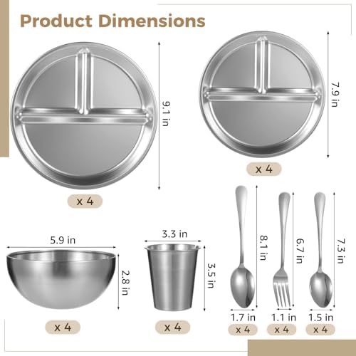 28-Piece Camping Dining Kit, Stainless Steel Outdoor Dinnerware Set with Plates, Bowls, Cups, Forks, and Spoons for Hiking and Picnics