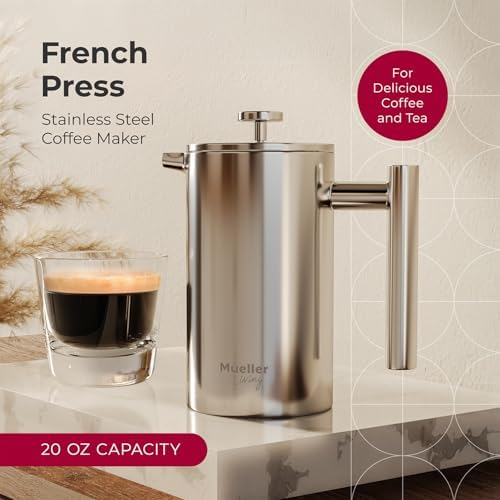 MuellerLiving French Press Coffee Maker 20oz, Stainless Steel French Press Coffee, 4 Filter Heat Resistant Double Insulated, Rust-Free, Food Grade, Dishwasher Safe Coffee Pot