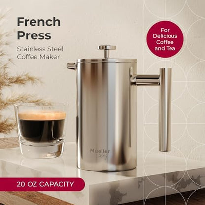 MuellerLiving French Press Coffee Maker 20oz, Stainless Steel French Press Coffee, 4 Filter Heat Resistant Double Insulated, Rust-Free, Food Grade, Dishwasher Safe Coffee Pot