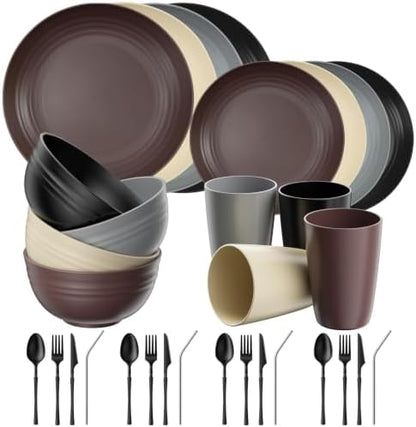 Quatish 32 Piece Plastic Plates and Bowls Sets for 4, Dinnerware Sets Brown