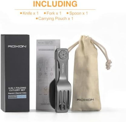 ROXON 3-in-1 Camping Utensils Set (Knife, Spoon, Fork) Titanium-Plated Grey