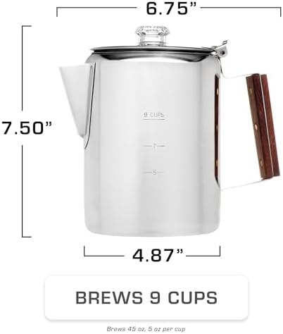 COLETTI Bozeman & Scouts Coffee Set — Percolator Coffee Pot Camping Coffee Maker & Double Wall Stainless Steel Cups — NO Aluminum or Plastic [9 Cup Percolator, 10 oz Cups]