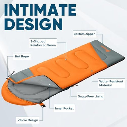 PTEROMY Sleeping Bags for Adults, Lightweight and Machine Washable, Water Resistant Backpacking Camping Sleeping Bag for Warm Cold Weather, Camping Essentials for Hiking Travel