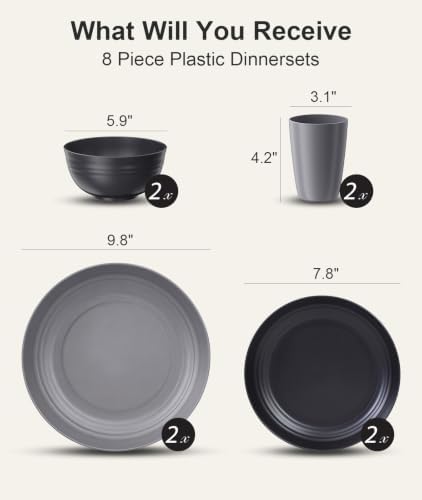 Quatish 8 Pcs Plates and Bowls Sets, Plastic Dinnerware Sets for 2, Grey